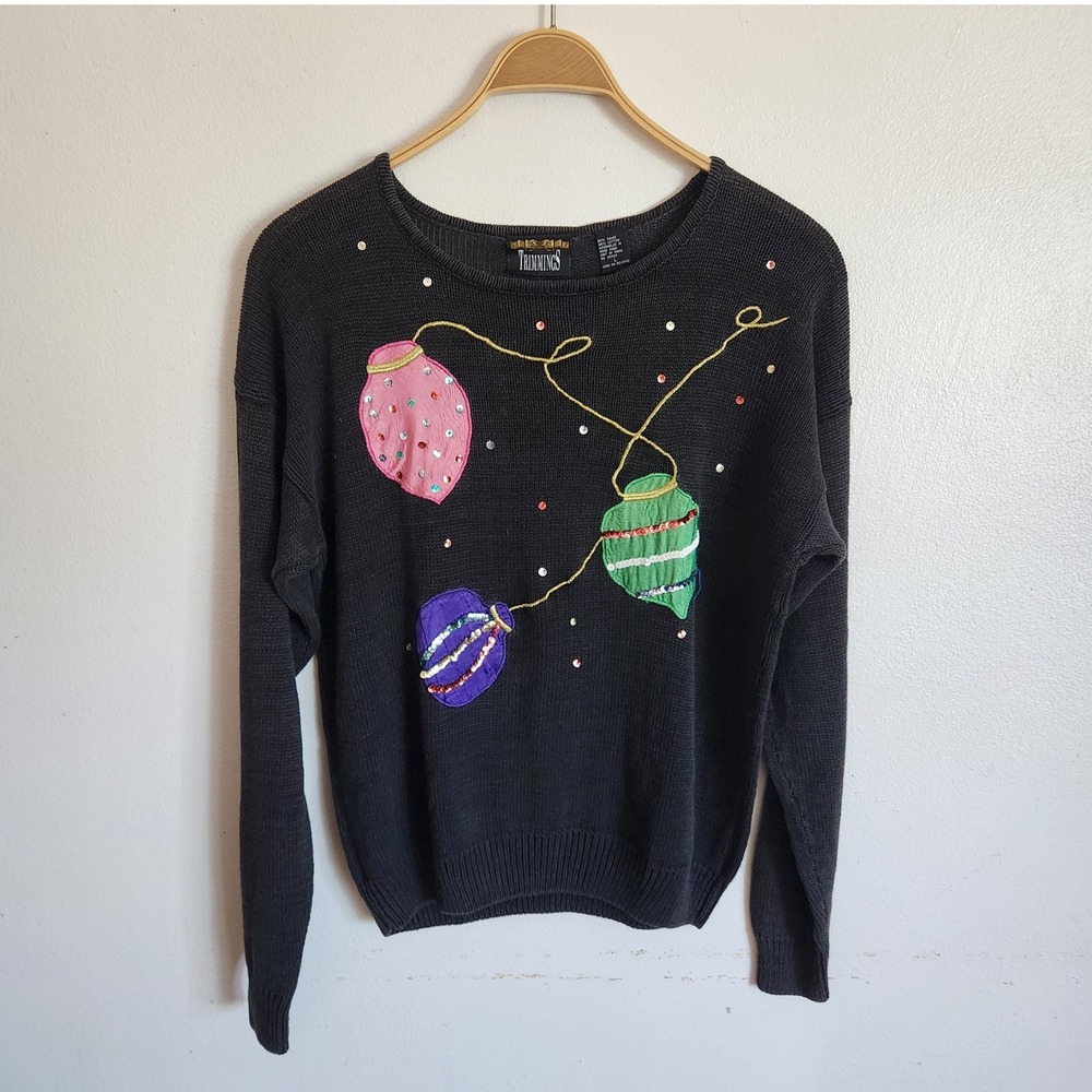 Trimmings Vintage Ugly Christmas Sweater Large 90s Ramie Cotton Knit Ornaments